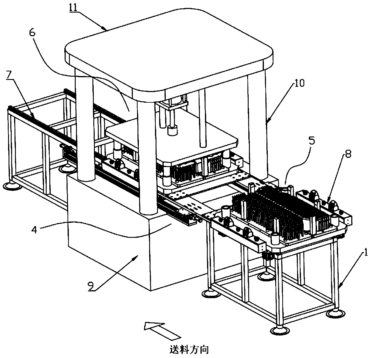 Insertion fin assembly equipment of radiator shell applied to 5G base station