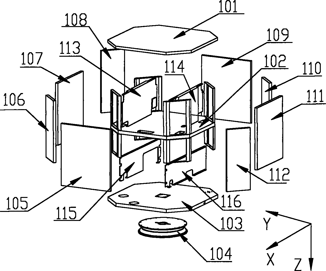 Octagonal battery-equipped array upright post micro satellite configuration