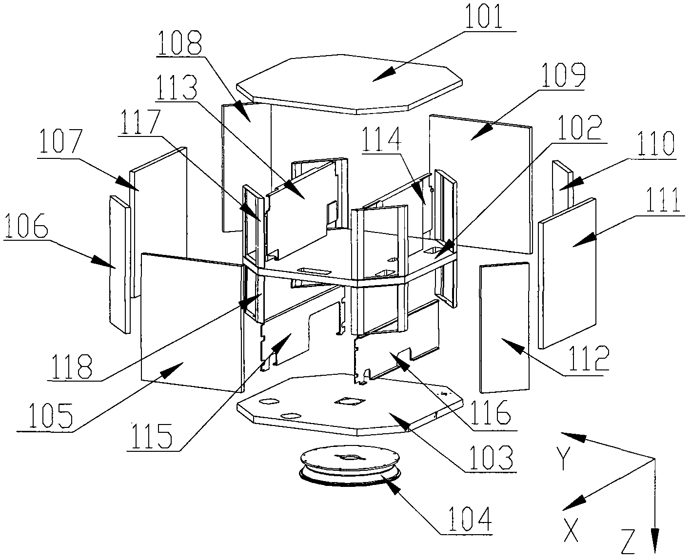 Octagonal battery-equipped array upright post micro satellite configuration