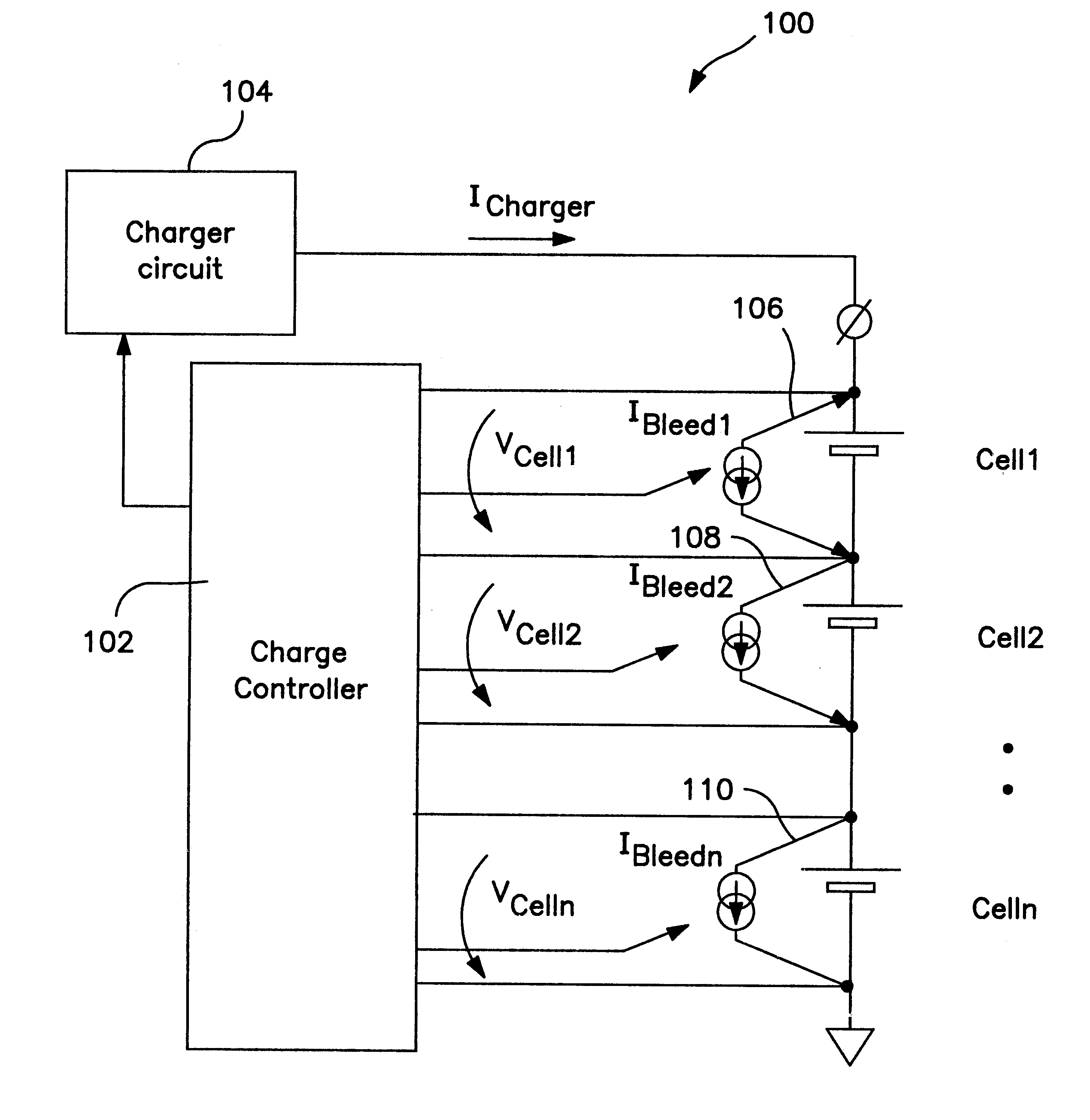 Battery cell charging system having voltage threshold and bleeder current generating circuits