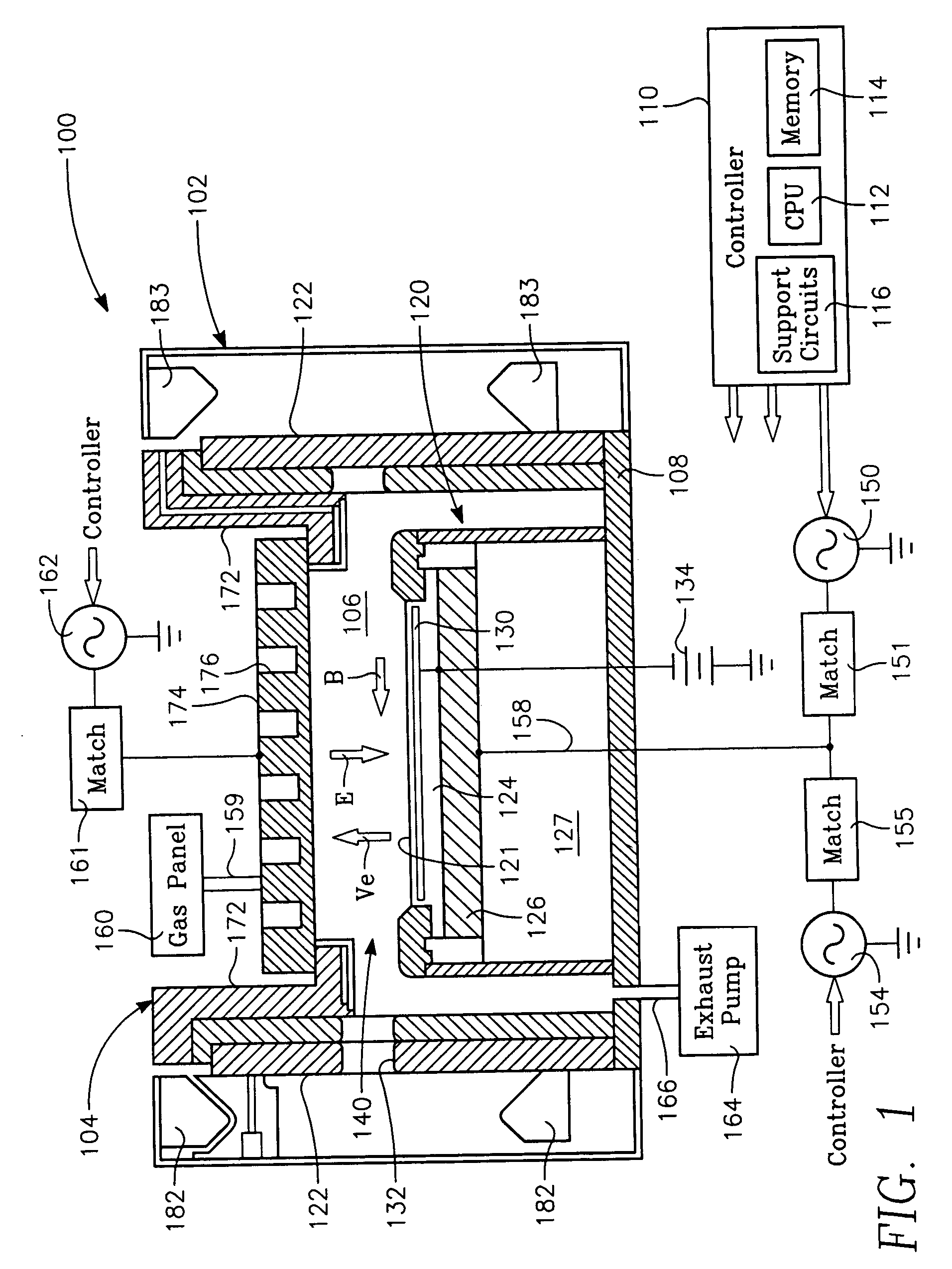 Etch chamber with dual frequency biasing sources and a single frequency plasma generating source