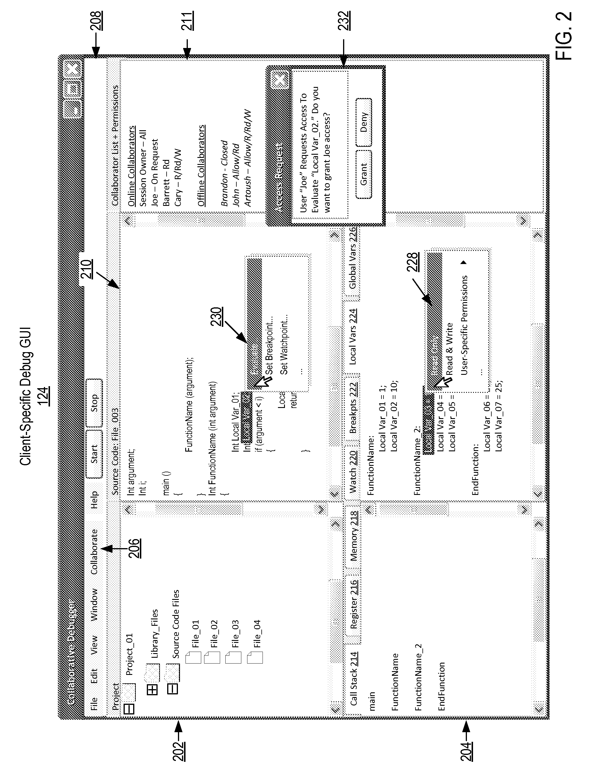 Collaborative Software Debugging In A Distributed System With Client-Specific Access Control