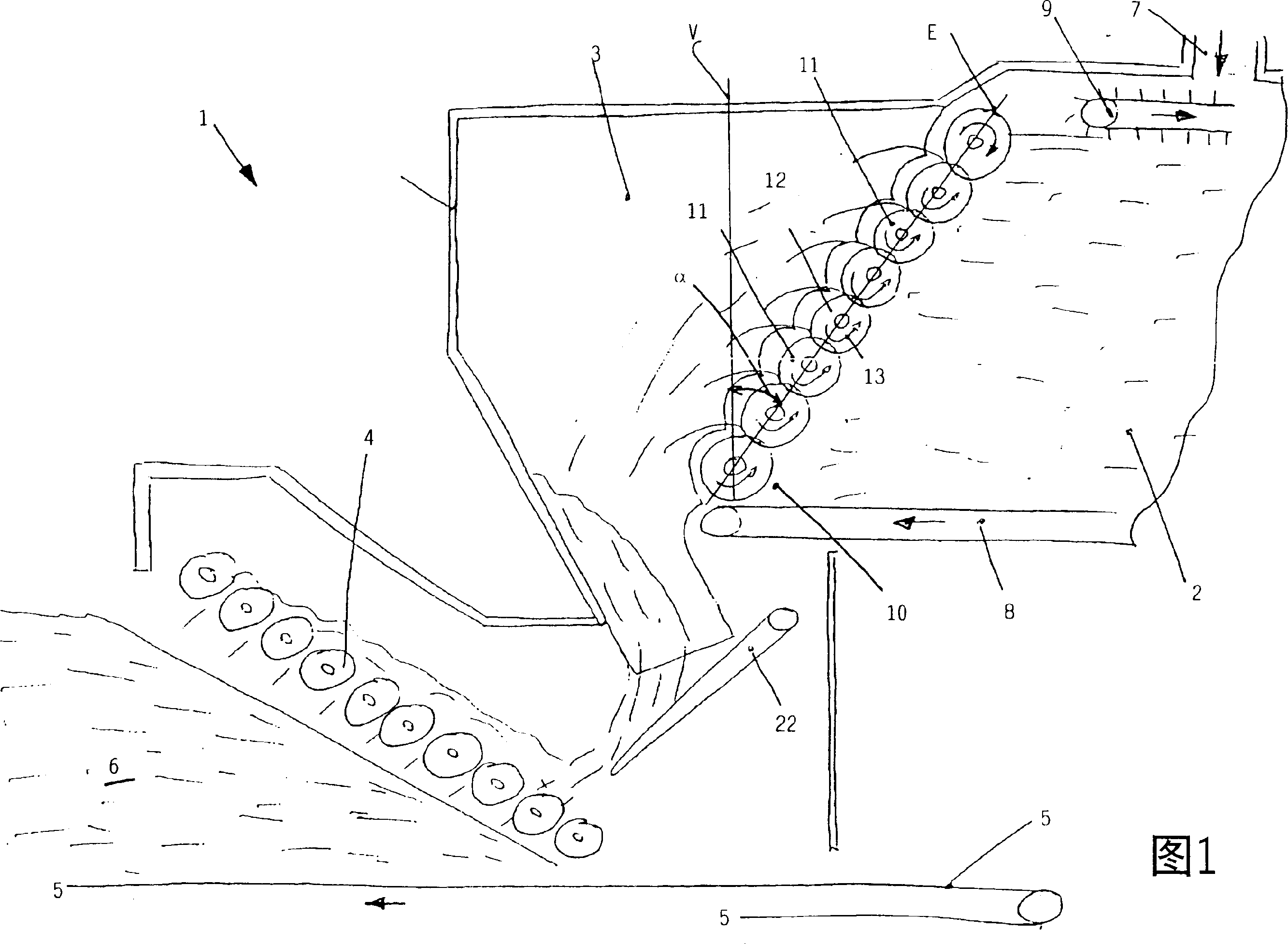 Device for distributing granular material onto a continuously travelling support and bunker for granular material