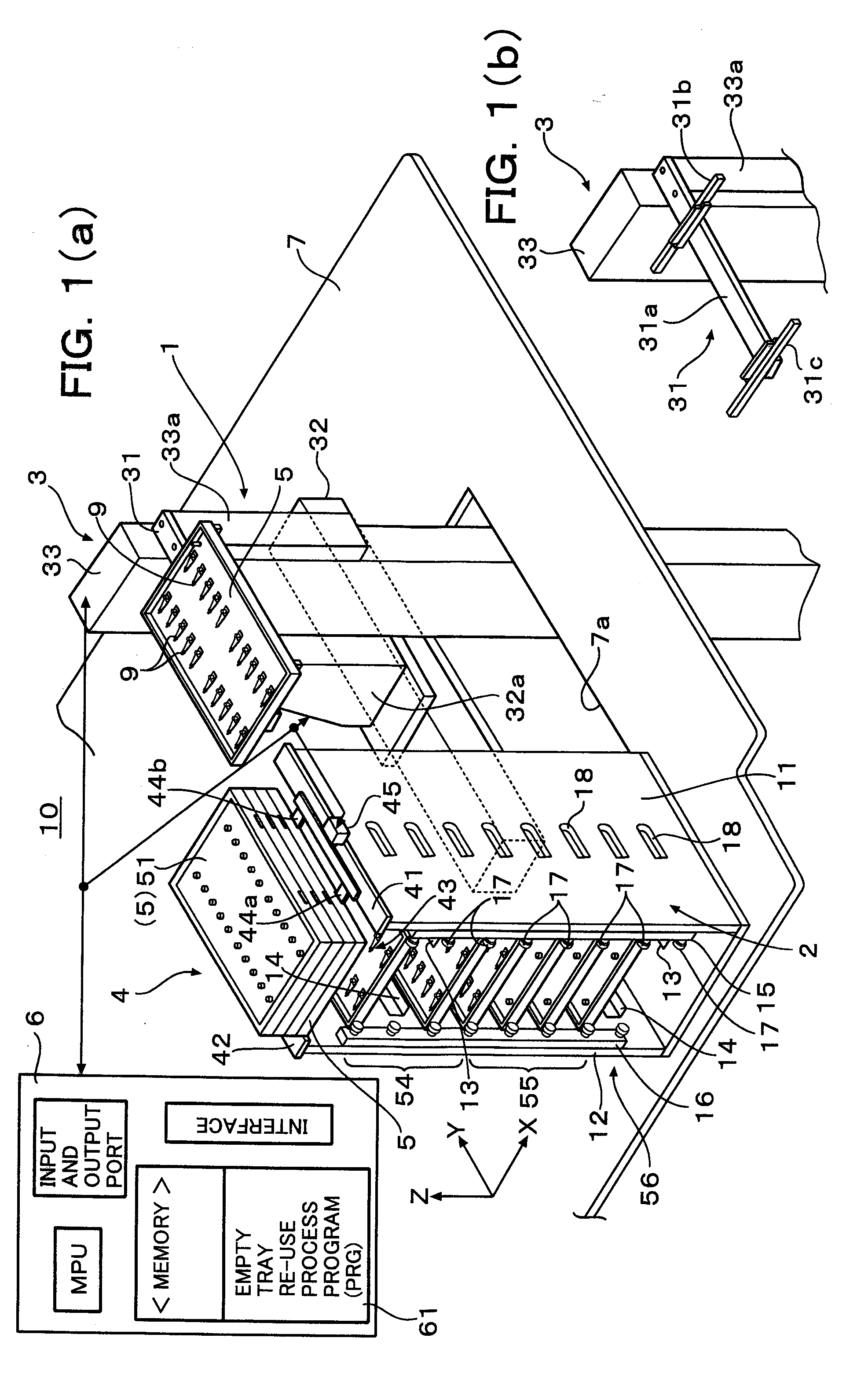 Handling mechanism of trays with which electronic parts are fed and inspection device of the electronic parts using the mechanism