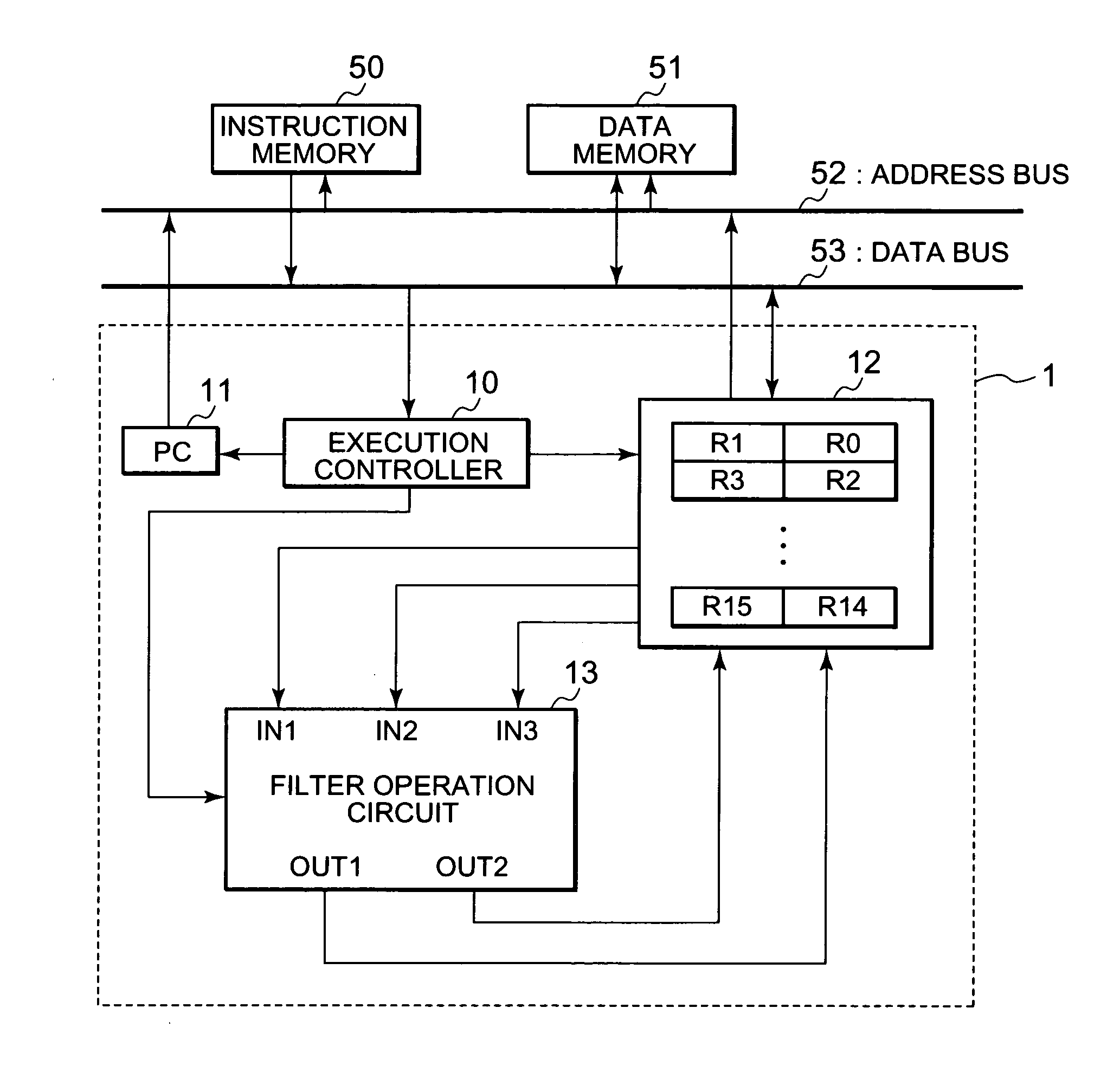 Microprocessor performing IIR filter operation with registers