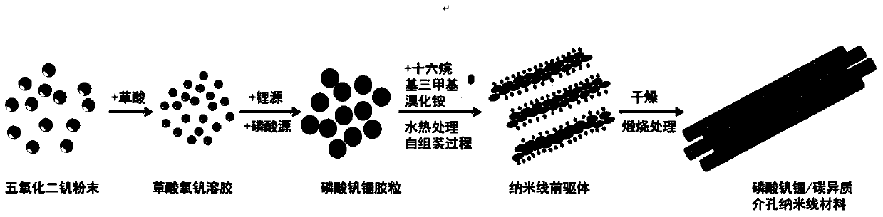 Lithium vanadium phosphate/carbon heterogeneous mesoporous nanowire material and preparation method and application thereof