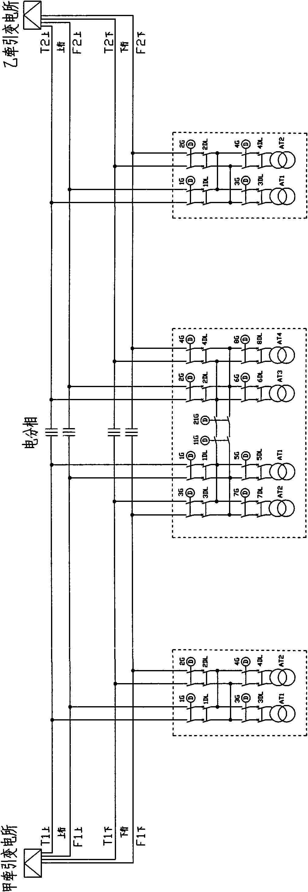 Traction power supply system of electrified railway novel AT power supply mode applying 2 multiplied by 27.5kV outdoor modular appliance