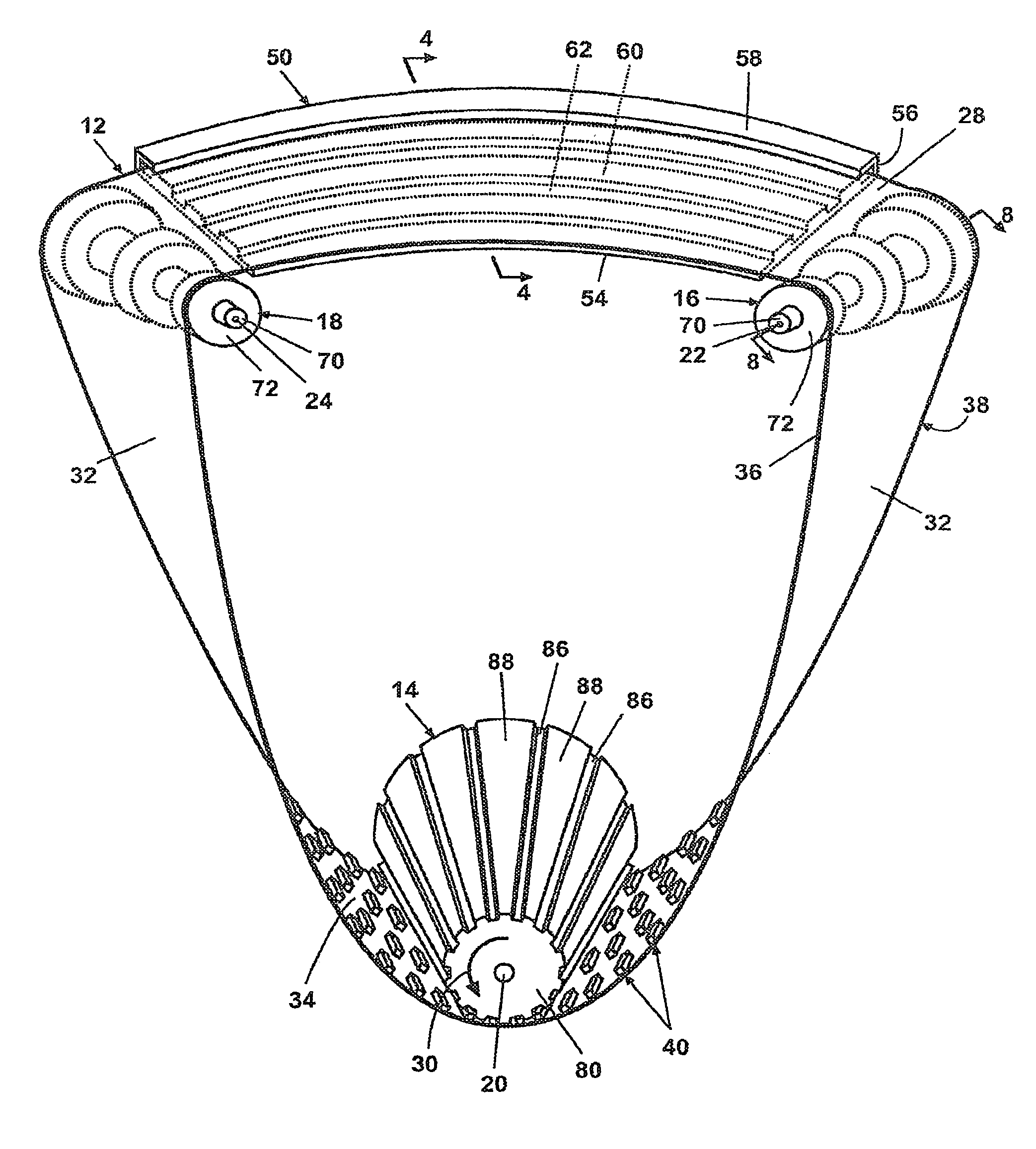 Curved conveyor with guide for preventing radial belt migration