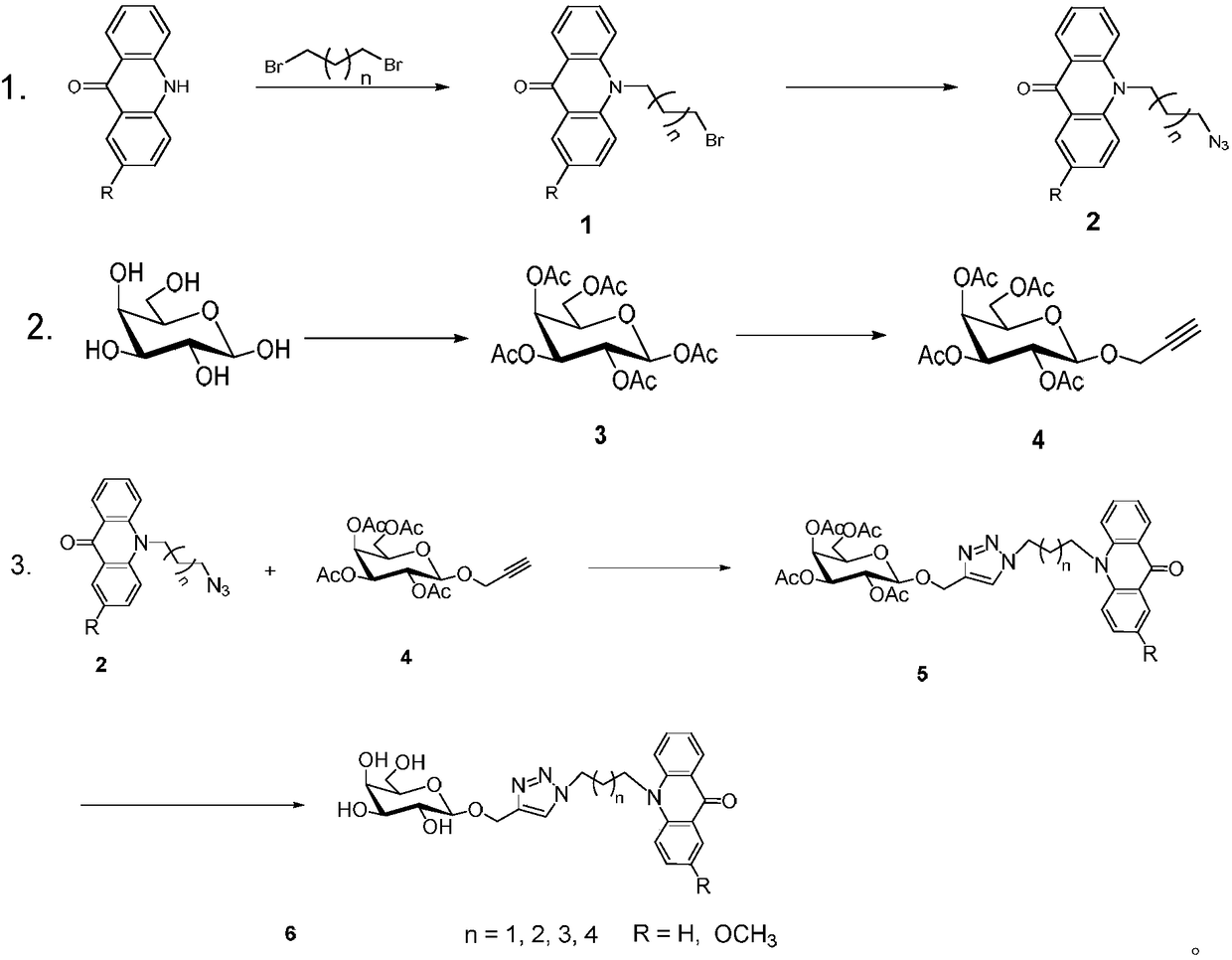 Acridone derivative containing galactose, preparation method and application thereof