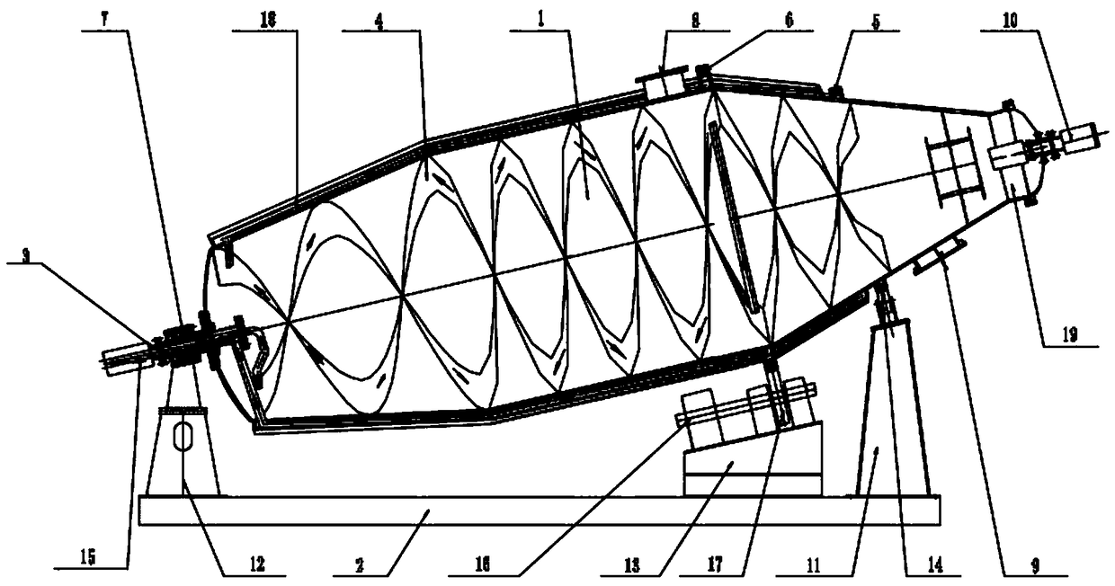 Oblique-drum vacuum solid fermentation tank internally provided with heat-exchange helical blade