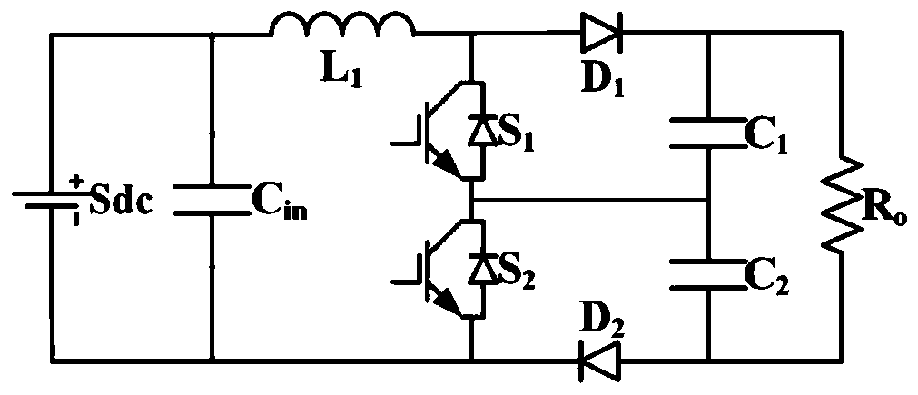 Intermediate capacitive step-up DC converter with three input sources and method