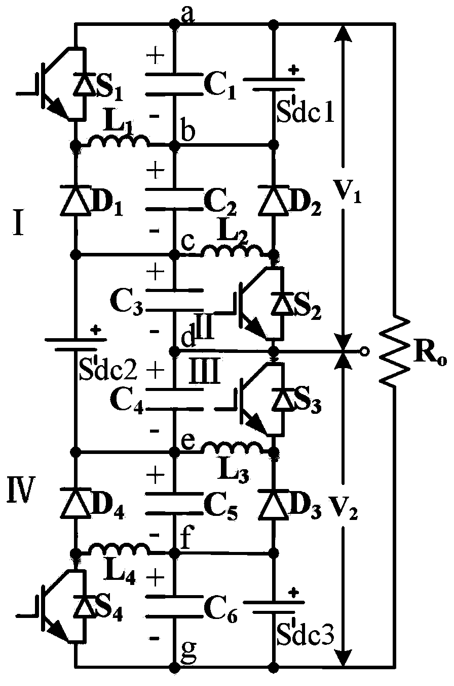 Intermediate capacitive step-up DC converter with three input sources and method