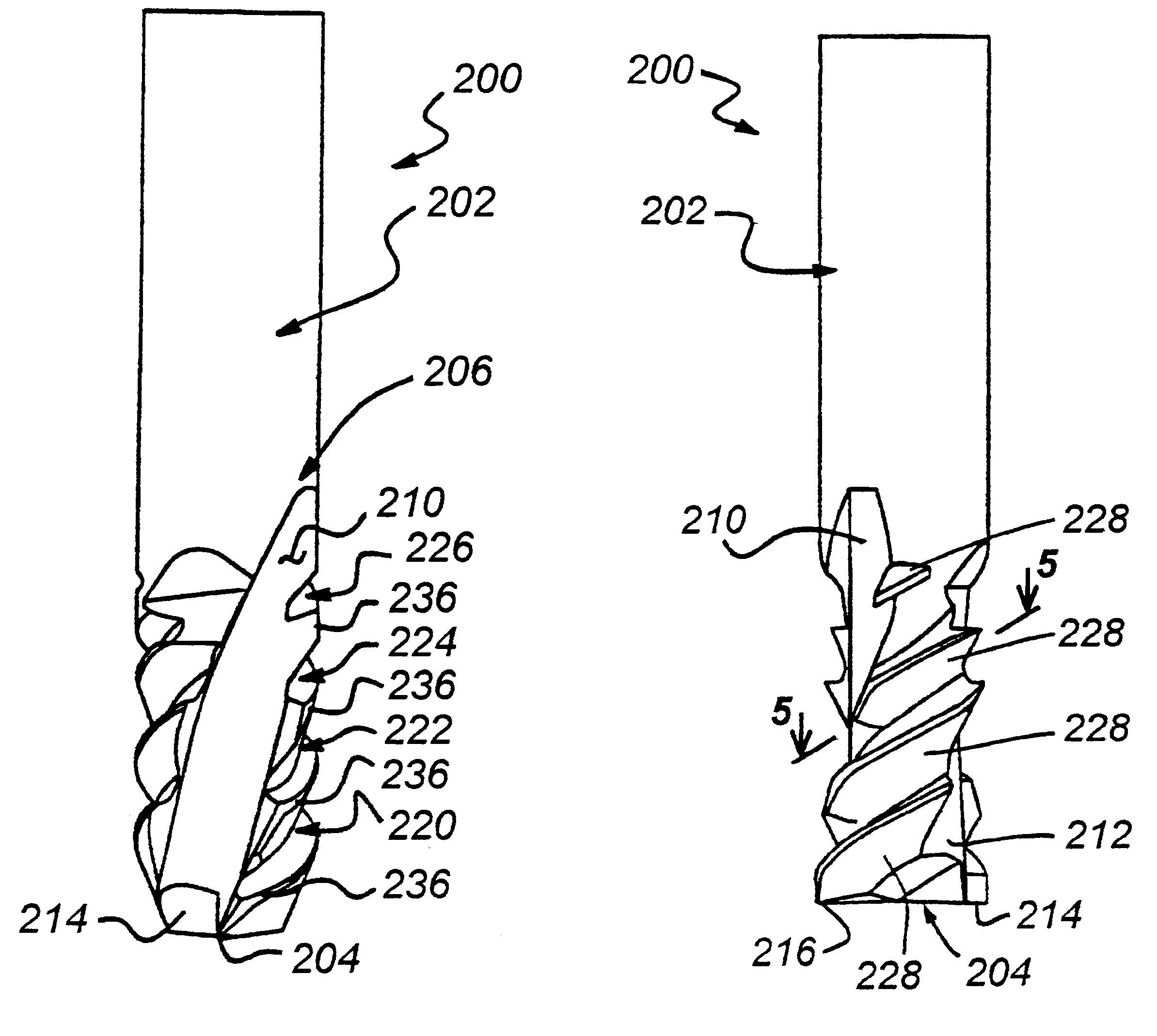 End-mill tool with high and low helical flutes and related method for rough cutting and finishing a workpiece