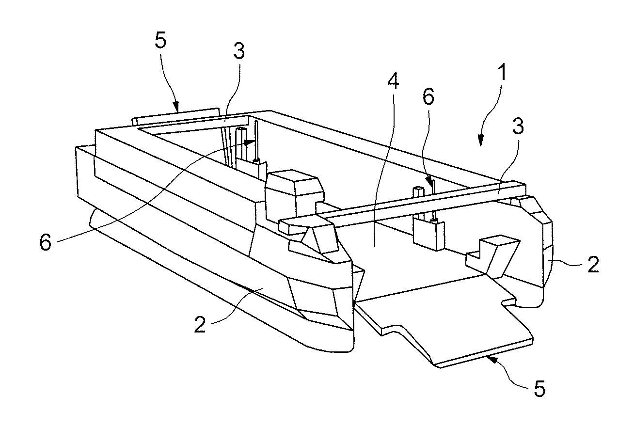 Catamaran vessel with hybrid propulsion for embarking and disembarking loads