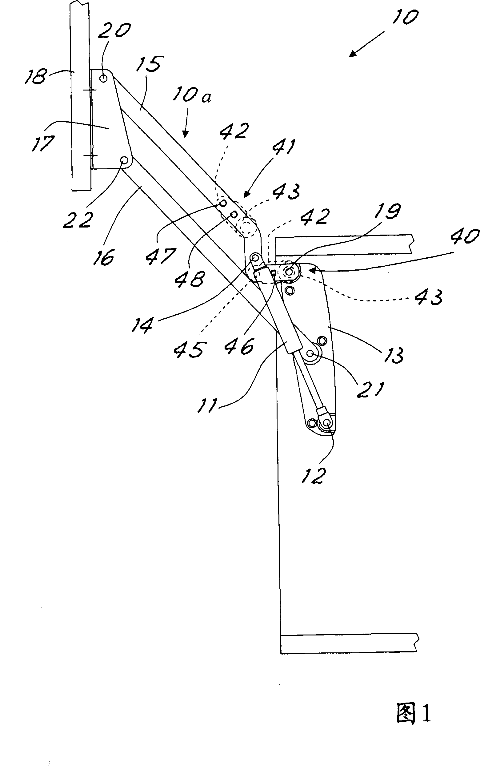 Articulated-quadrilateral hinge assembly with adaptable stabiliser bar for vertical-movement doors