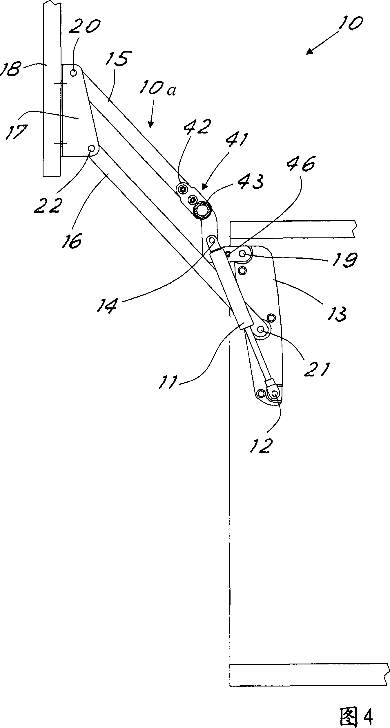 Articulated-quadrilateral hinge assembly with adaptable stabiliser bar for vertical-movement doors