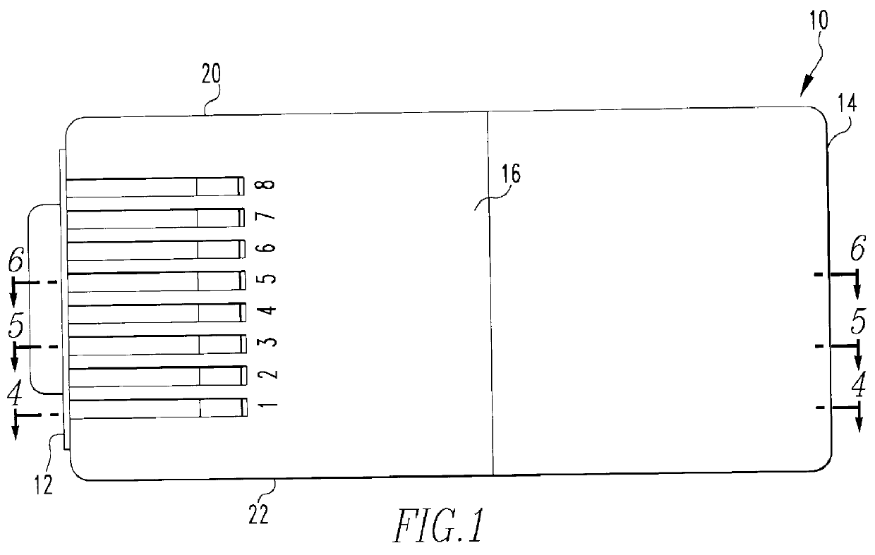 Modular plug having low electrical cross talk and metallic contact for use therein