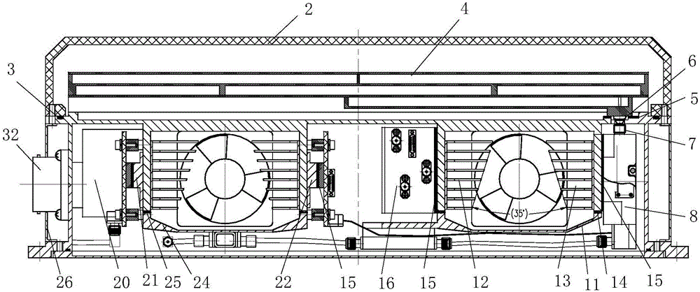 Multi-layer sealed case having a plurality of hollow tapered cooling channels