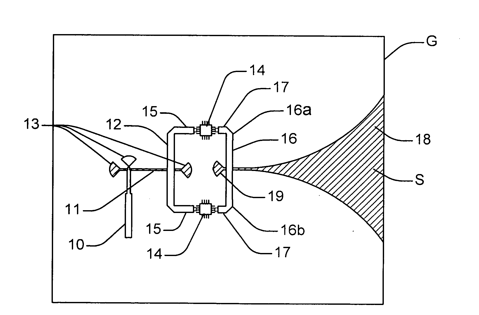 Slot type antenna with integrated amplifiers