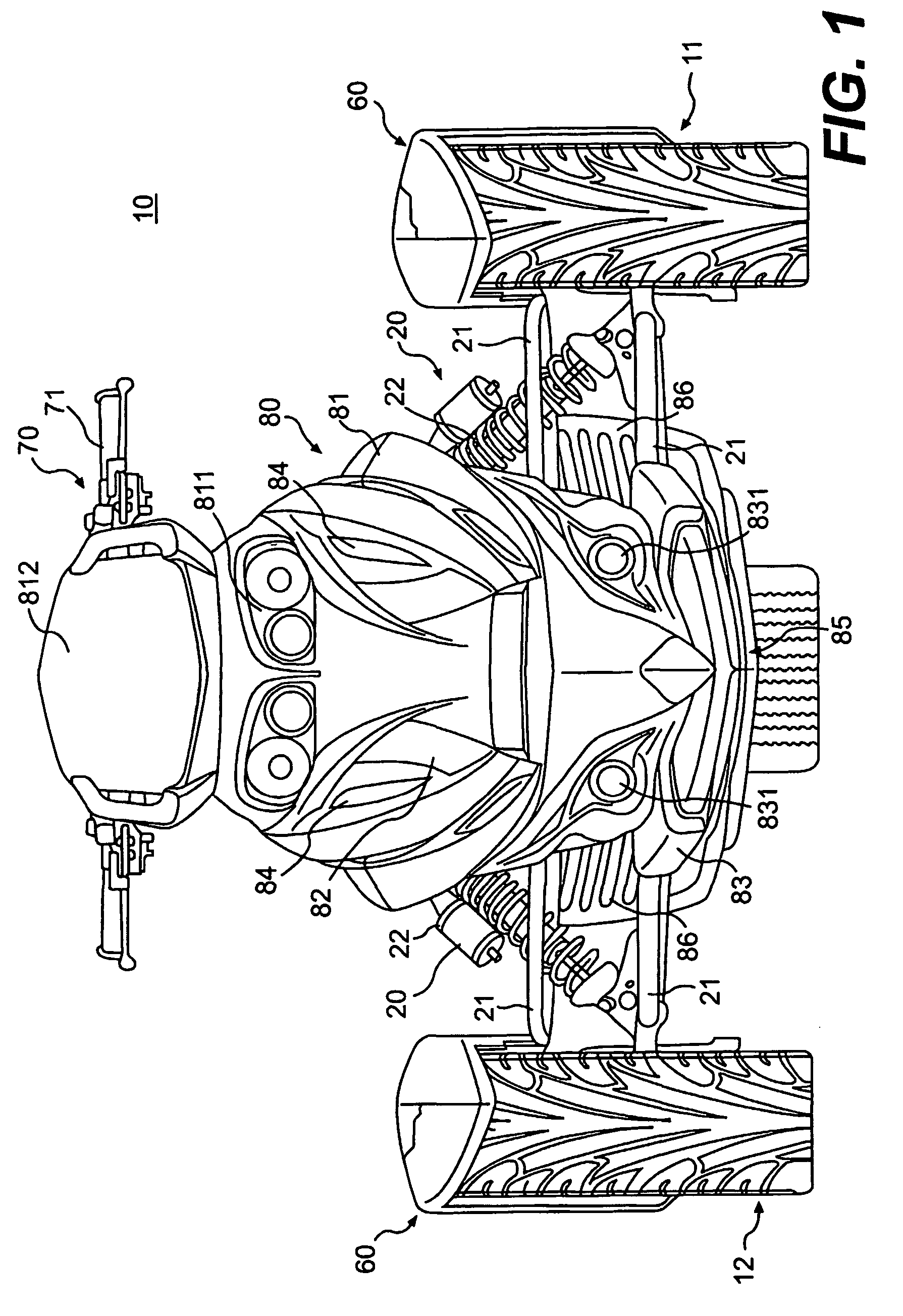 Three-wheeled vehicle having a split radiator and an interior storage compartment