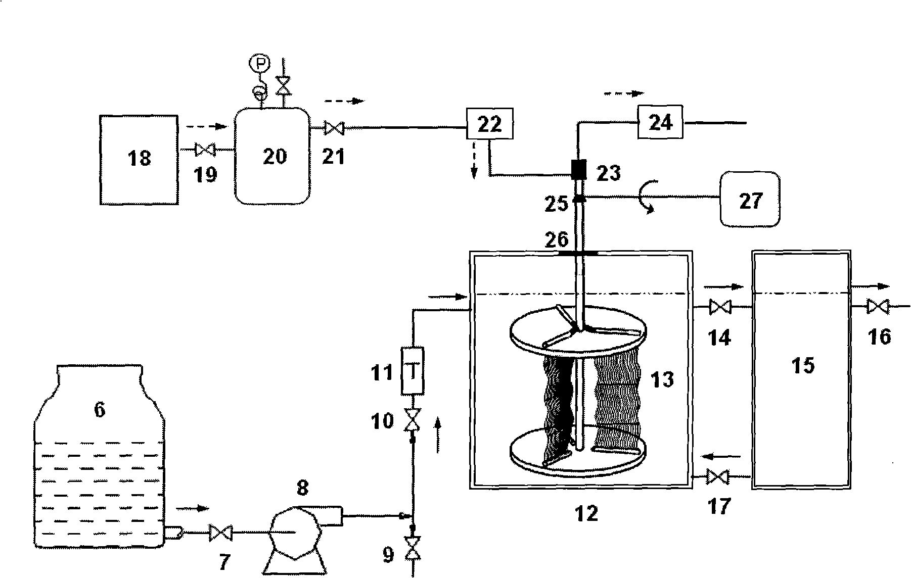 Rotary type hollow fiber porous membrane foamless oxygen charging device and method