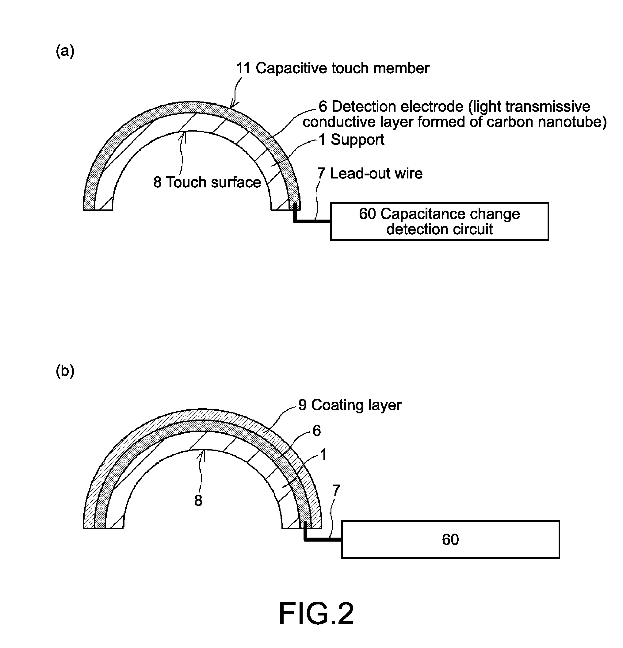 Capacitive touch member, manufacturing method therefor, and capacitive touch detection apparatus