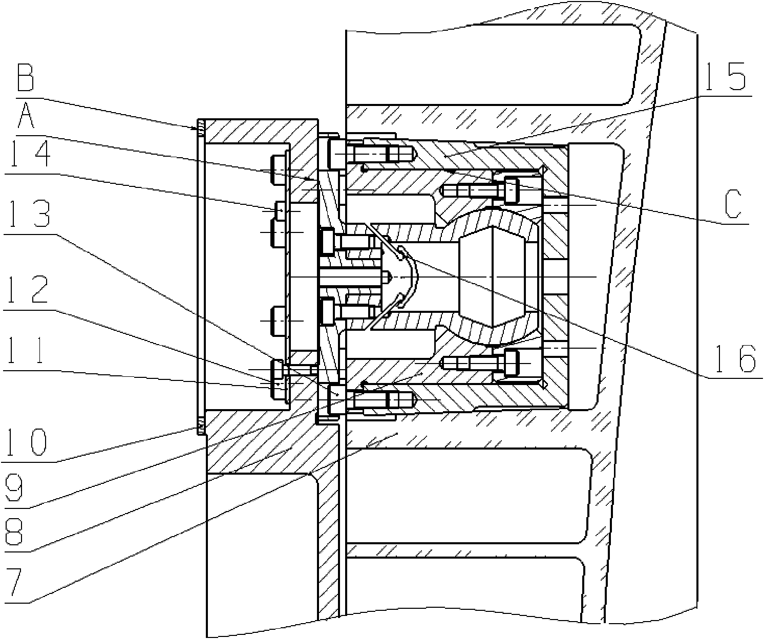 Ball hinge support structure of large caliber reflector of space remote sensor