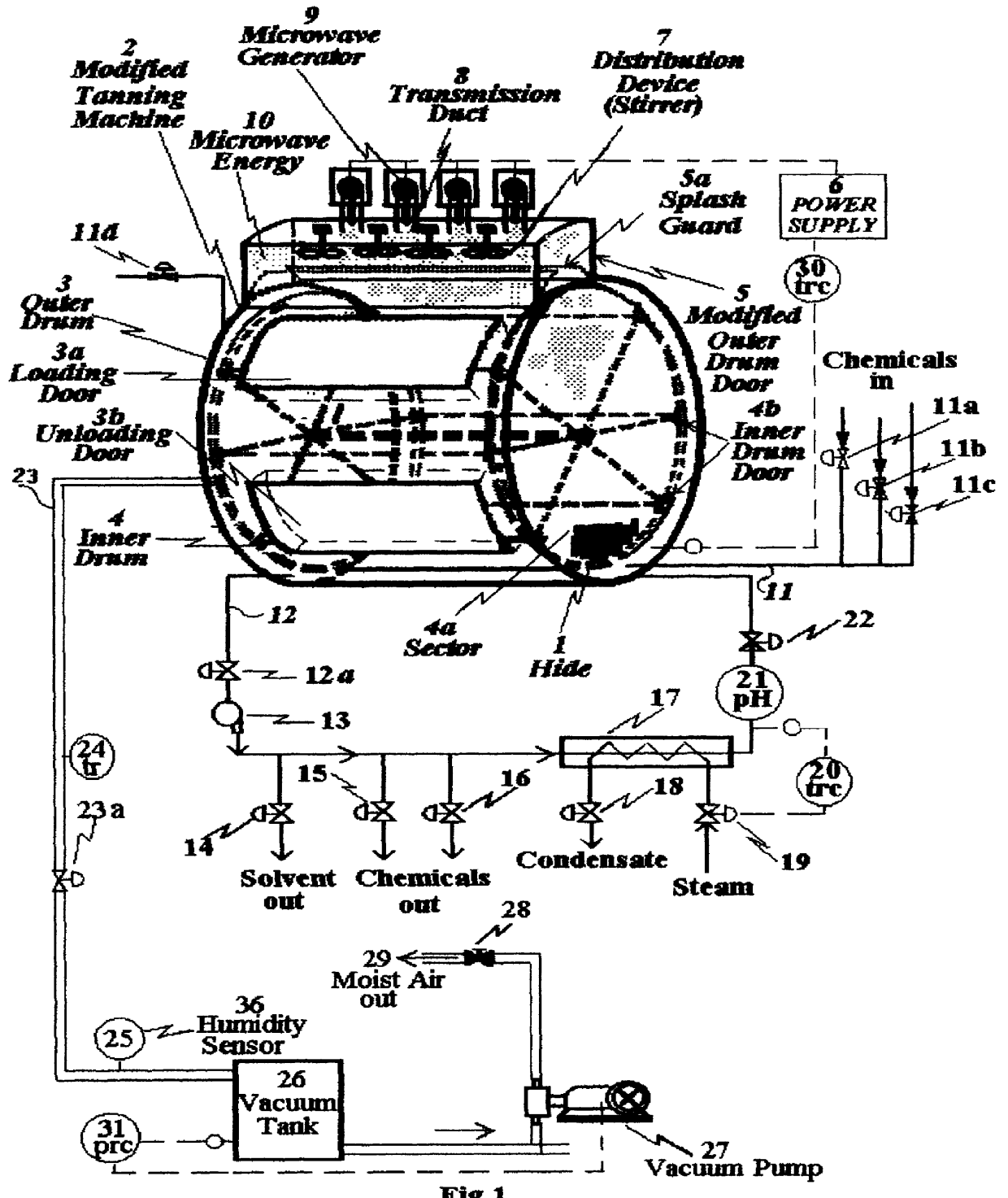 Microwave drying of hides under vacuum in tanning equipment