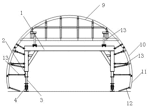 Steel form jumbo with main structure capable of passing conventional sections, and implementation method thereof