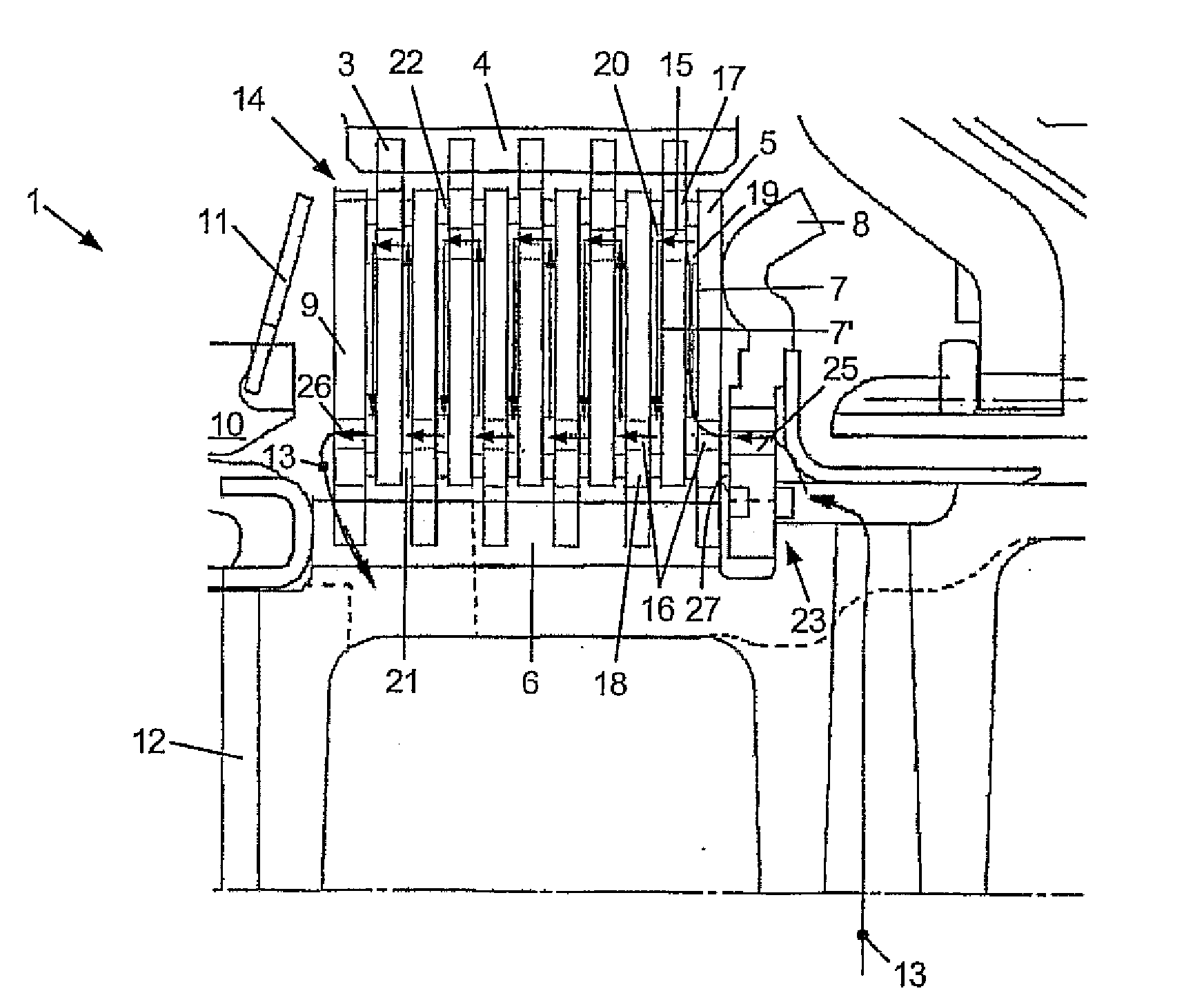 Multi-disk clutch or multi-disk brake with axial oil flow