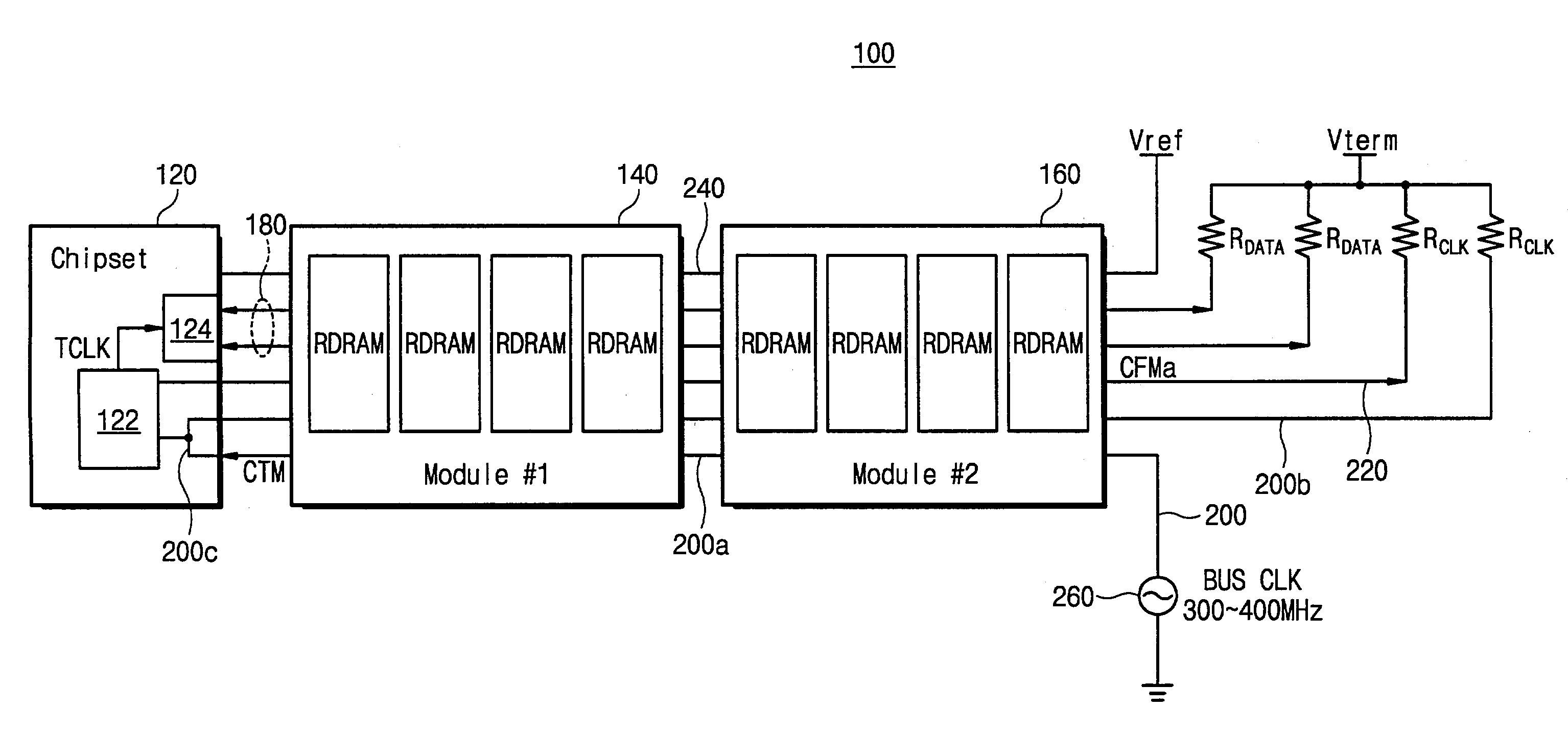 Information processing system has clock lines which are electrically isolated from another clock line electrically connected to clock buffer and termination voltage