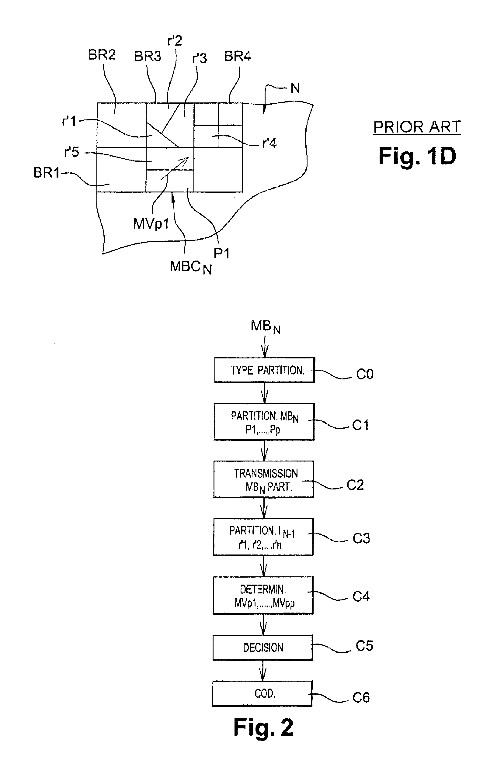 Prediction of a movement vector of a current image partition having a different geometric shape or size from that of at least one adjacent reference image partition and encoding and decoding using one such prediction