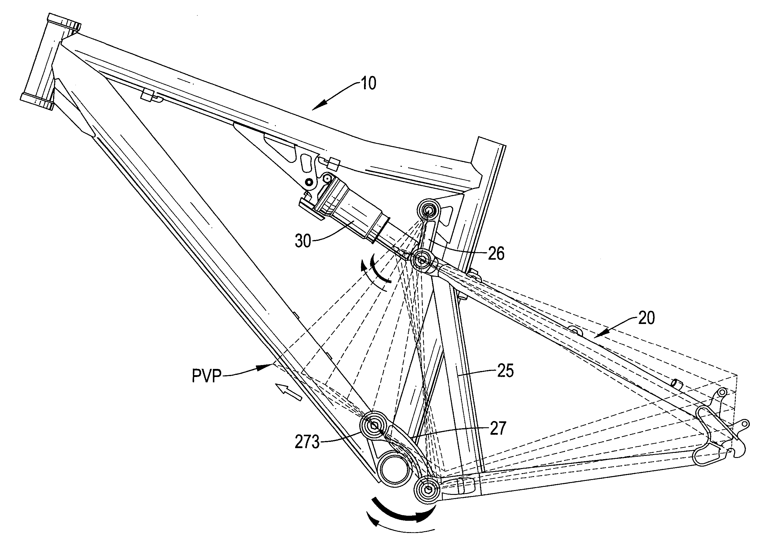 Bicycle frame with a counter-rotating four bar linkage system