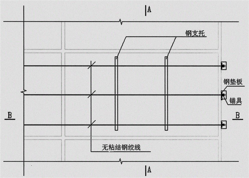 Steel-support non-cohesive steel strand lower support type prestress floor reinforcing method