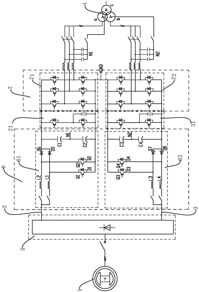 Wind power converter main circuit topological structure with two units of direct-current bus connected in series