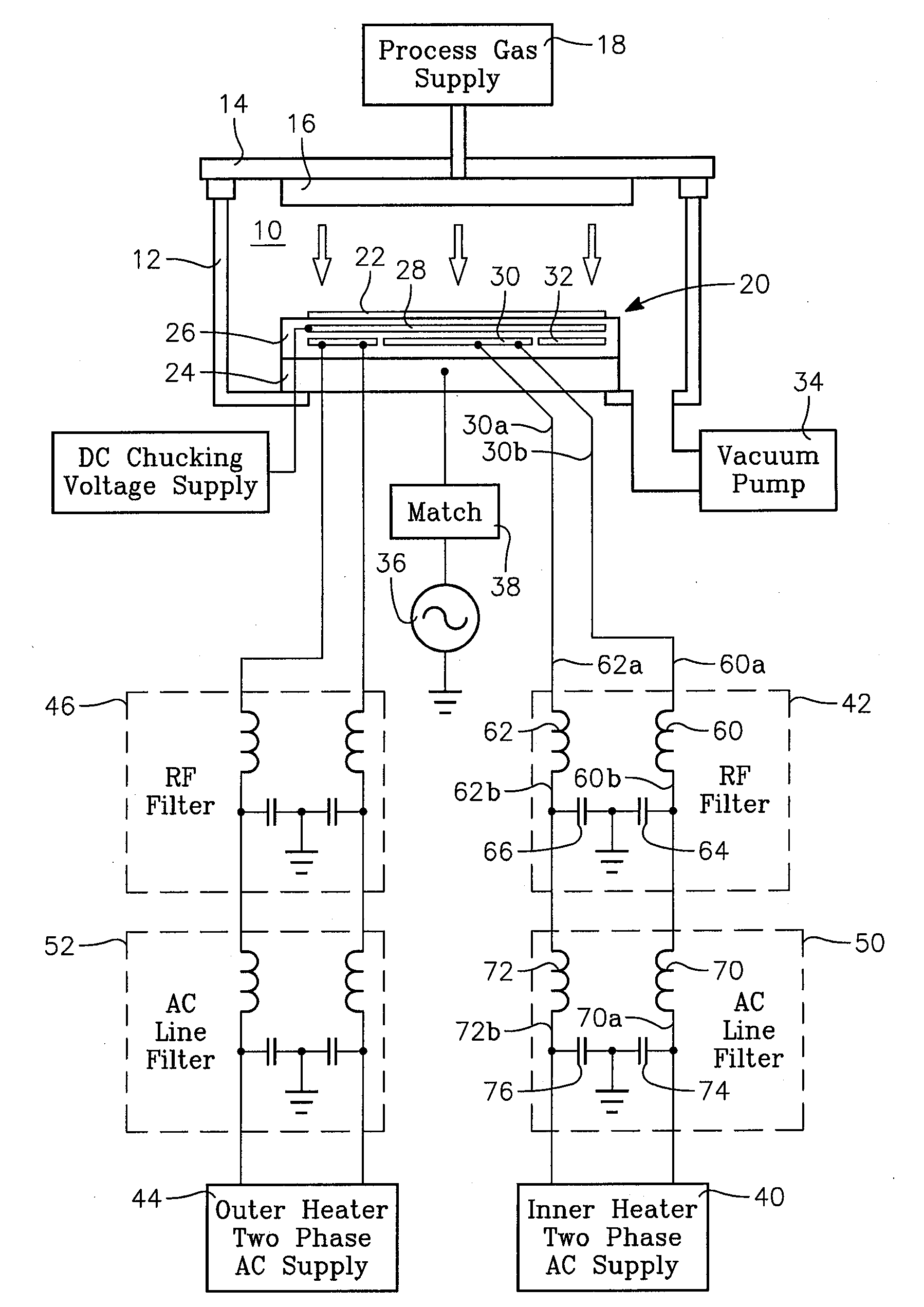 High ac current high RF power ac-RF decoupling filter for plasma reactor heated electrostatic chuck