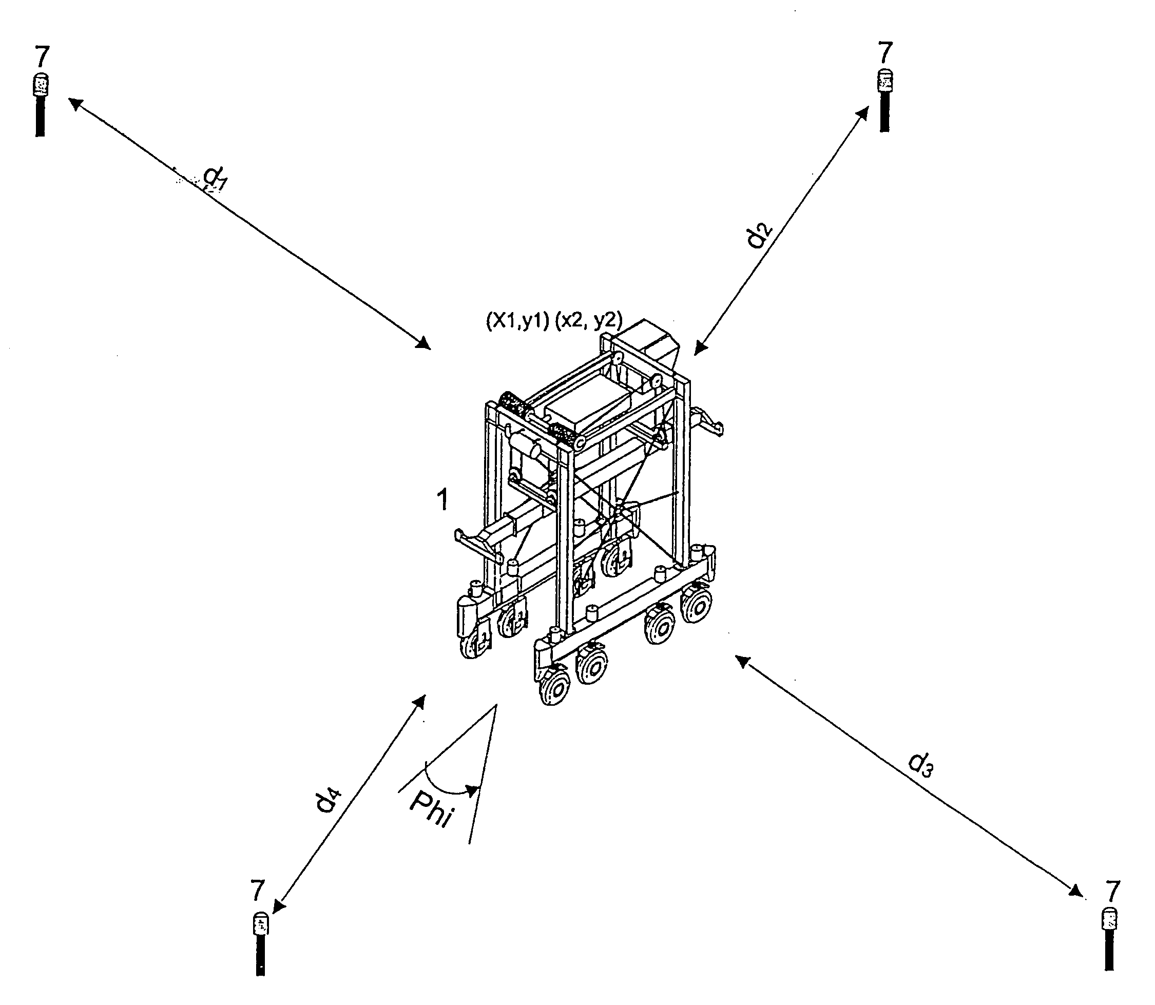 Fully automatic straddle carrier with local radio detection and laser steering