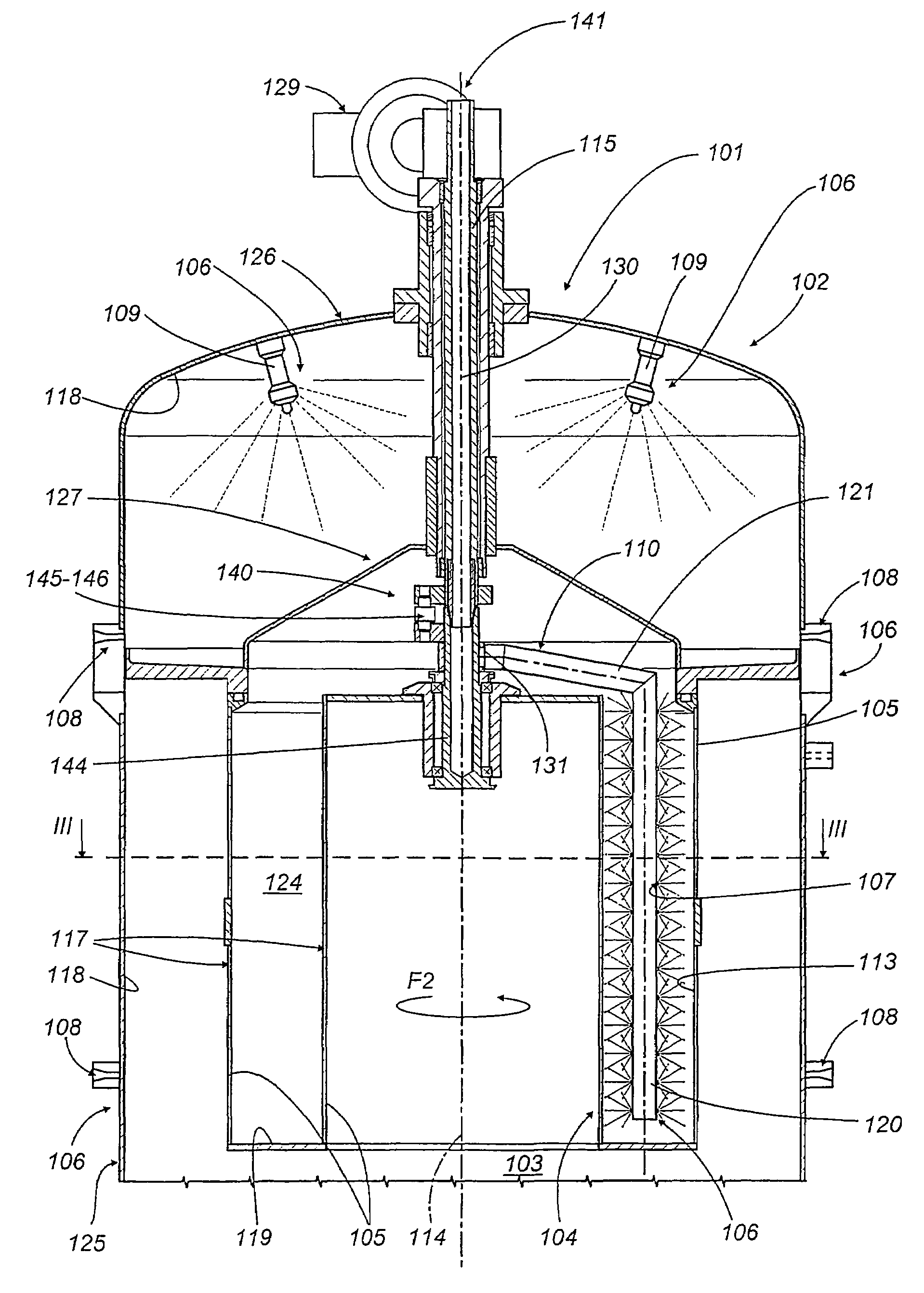 Granulator device for the treatment of powdered products