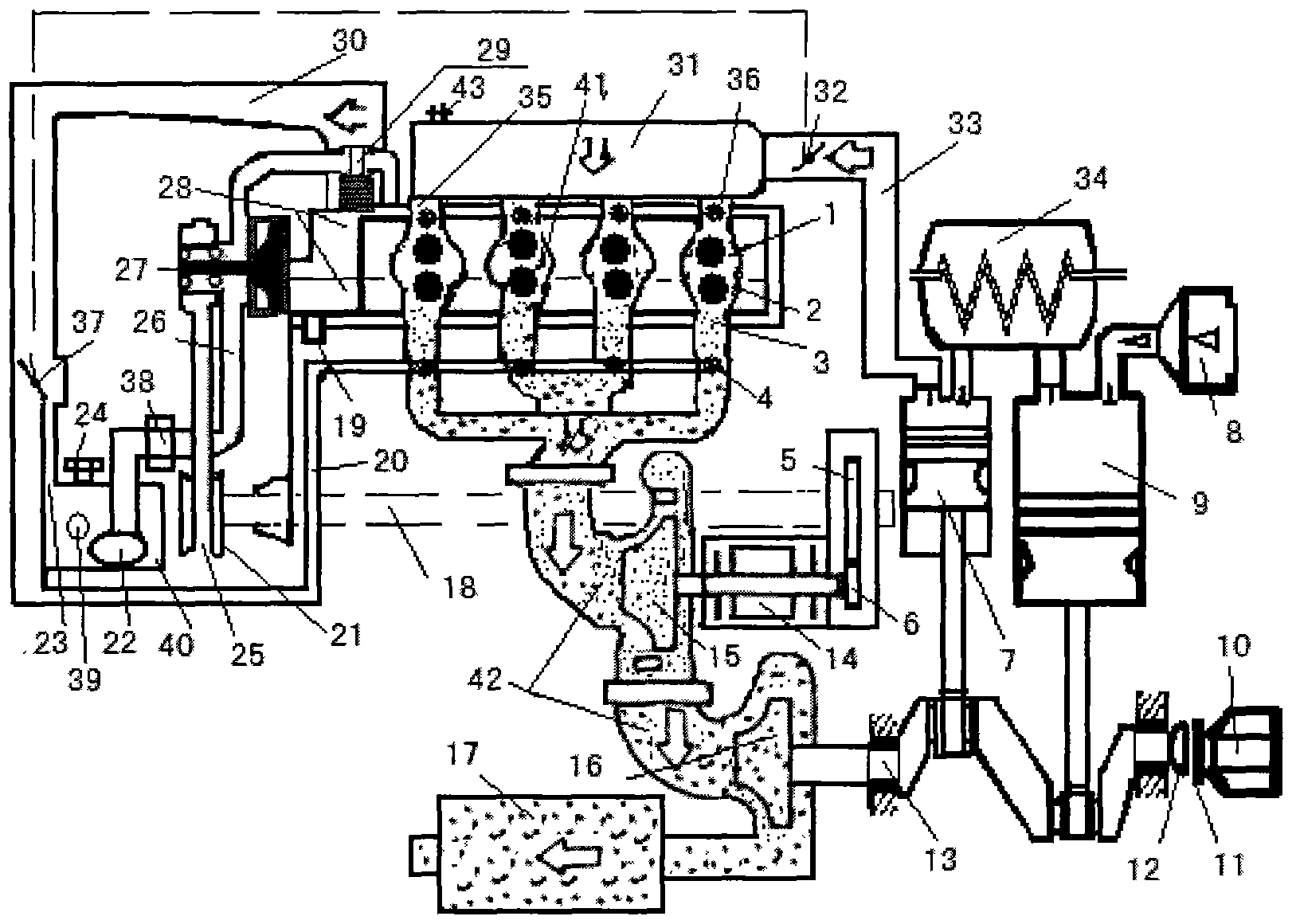 Oil water fuel composite exhaust gas powered two-stroke engine