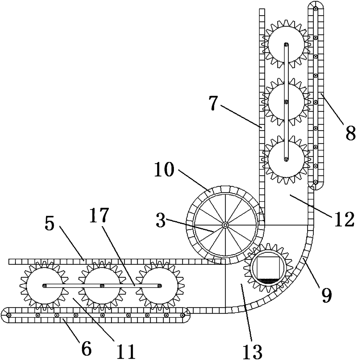 A sprocket-driven continuous elevator