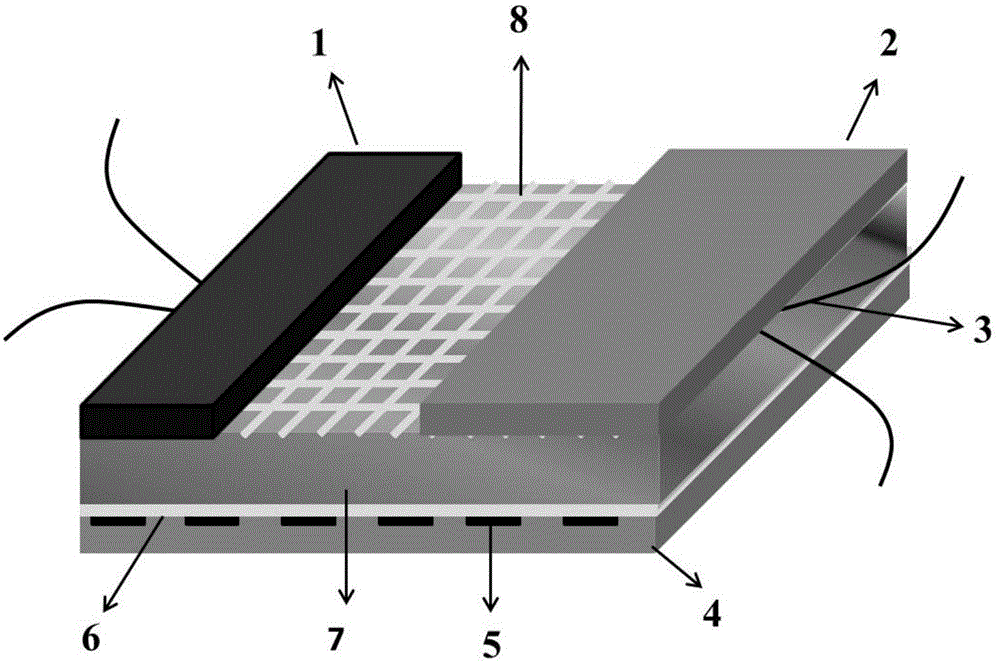 Mixed-potential type NO2 sensor with mesh-strip structured YSZ (yttria-stabilized zirconia) substrate serving as conductive layer and preparation method for mixed-potential type NO2 sensor