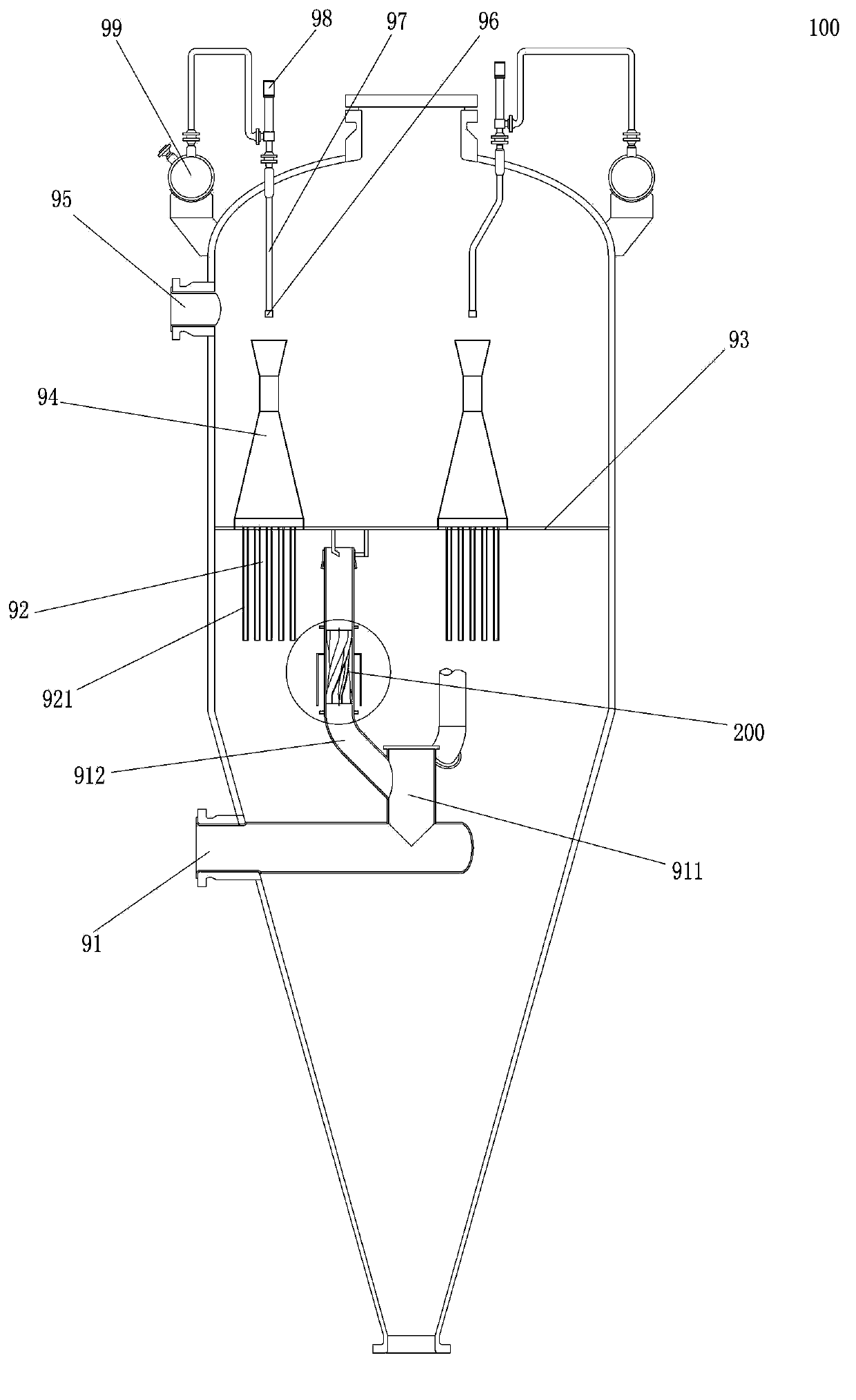 Straight-flow type pre-separating device for high temperature gas filtration and filter of device