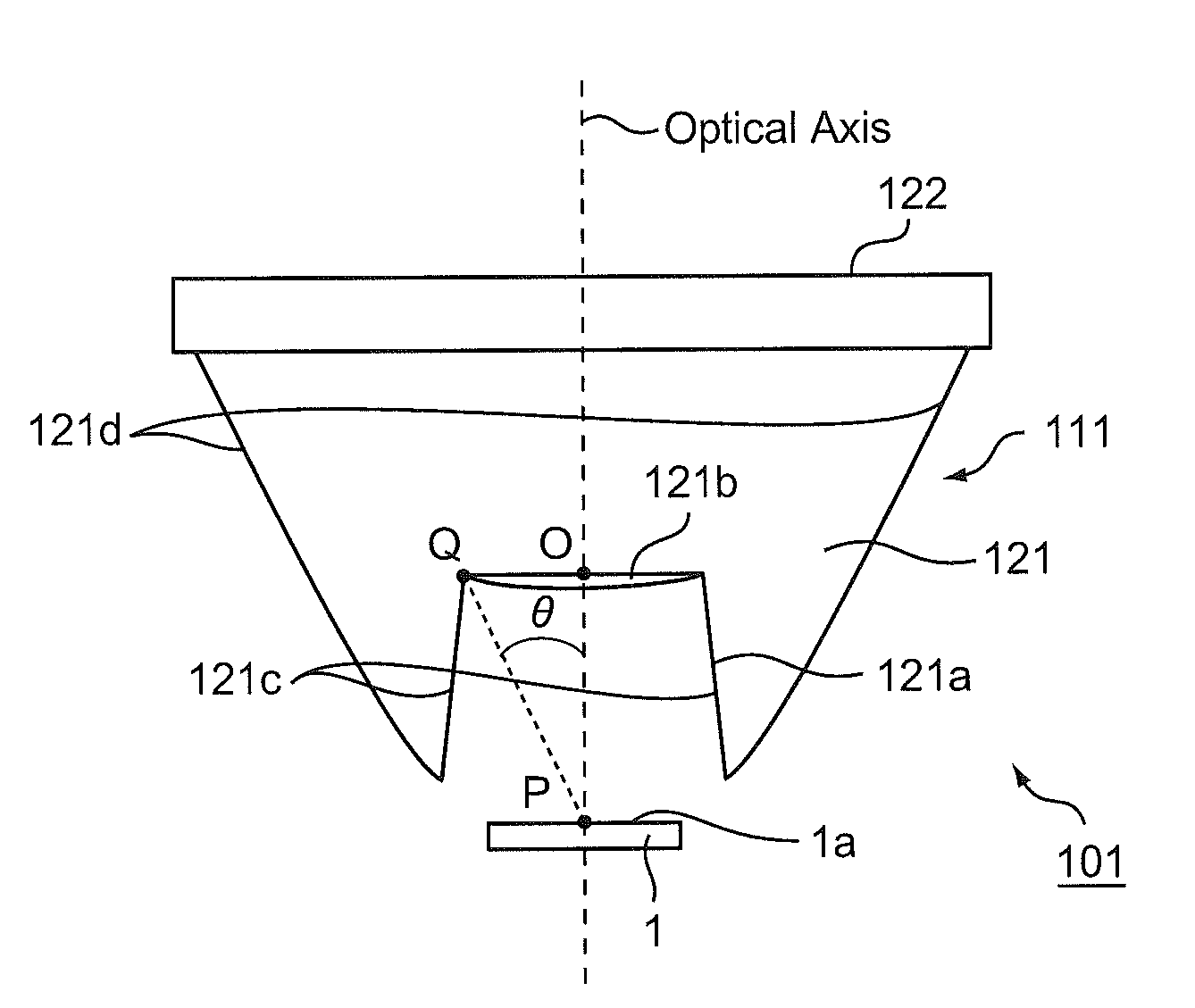 White LED lighting device, and optical lens