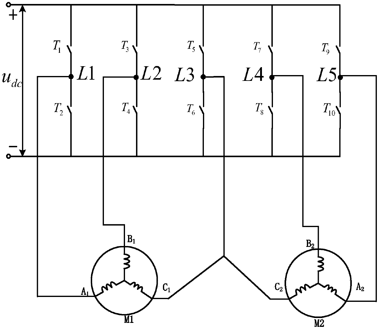 Five-phase inverter and double three-phase motor system driving circuit and direct torque control method