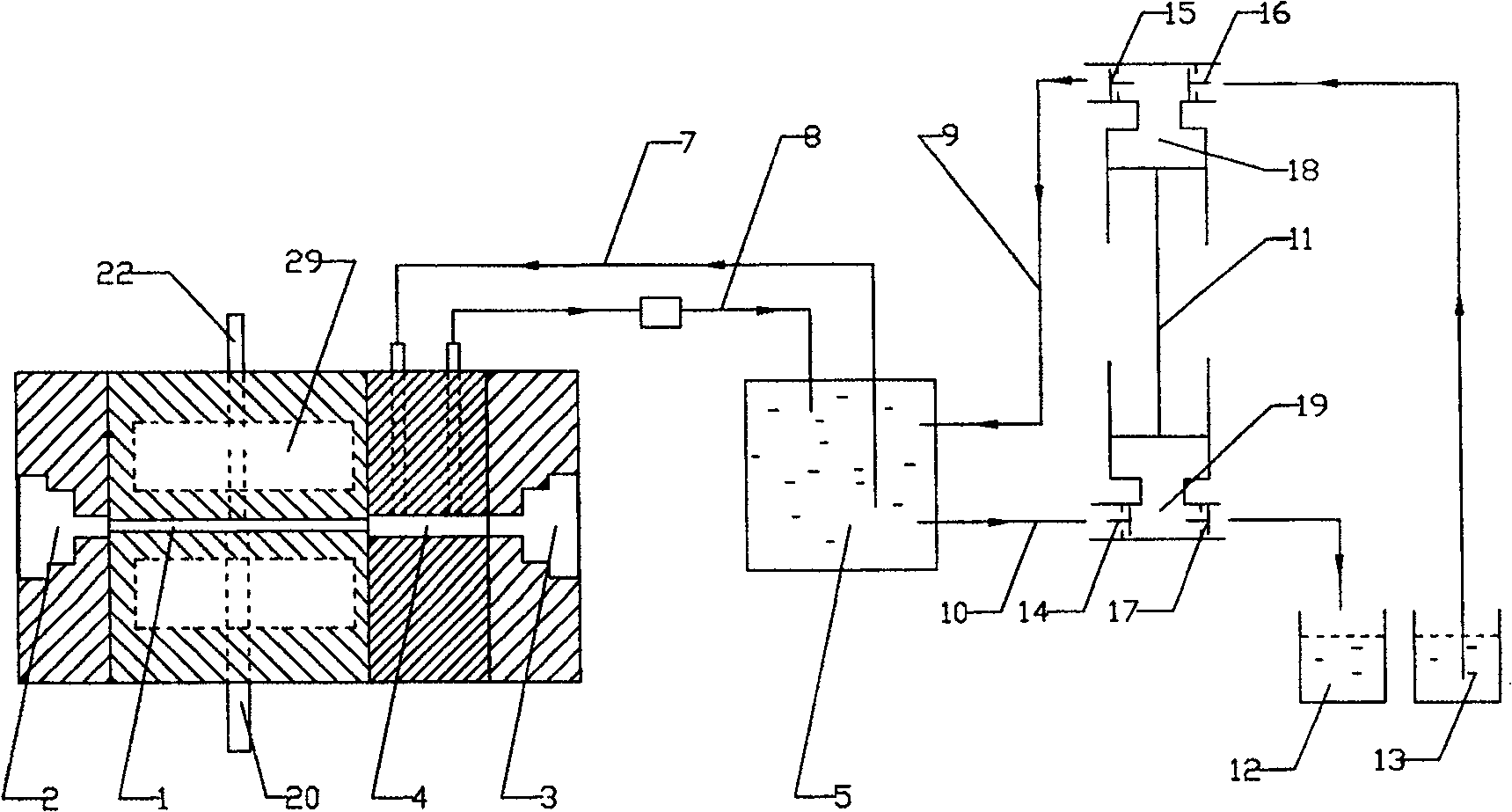 Continuous free flow electrophoresis device composed of a plurality of specific sub-chambers separated by films