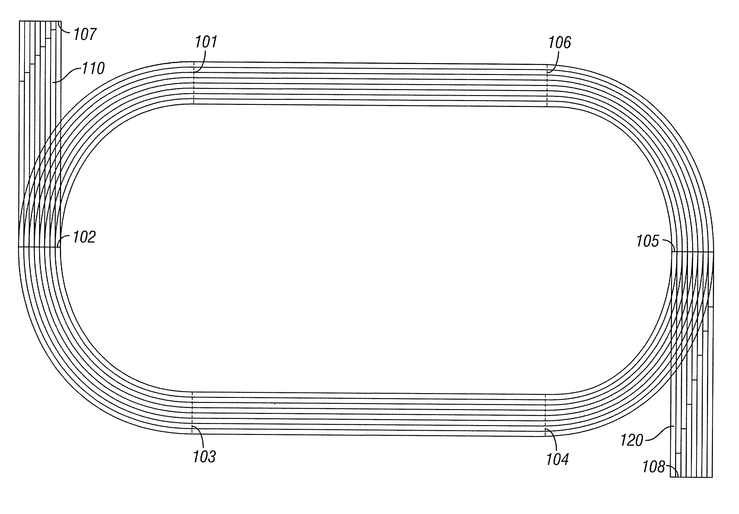 Proposed running track design for fairer 200 m and 400 m races