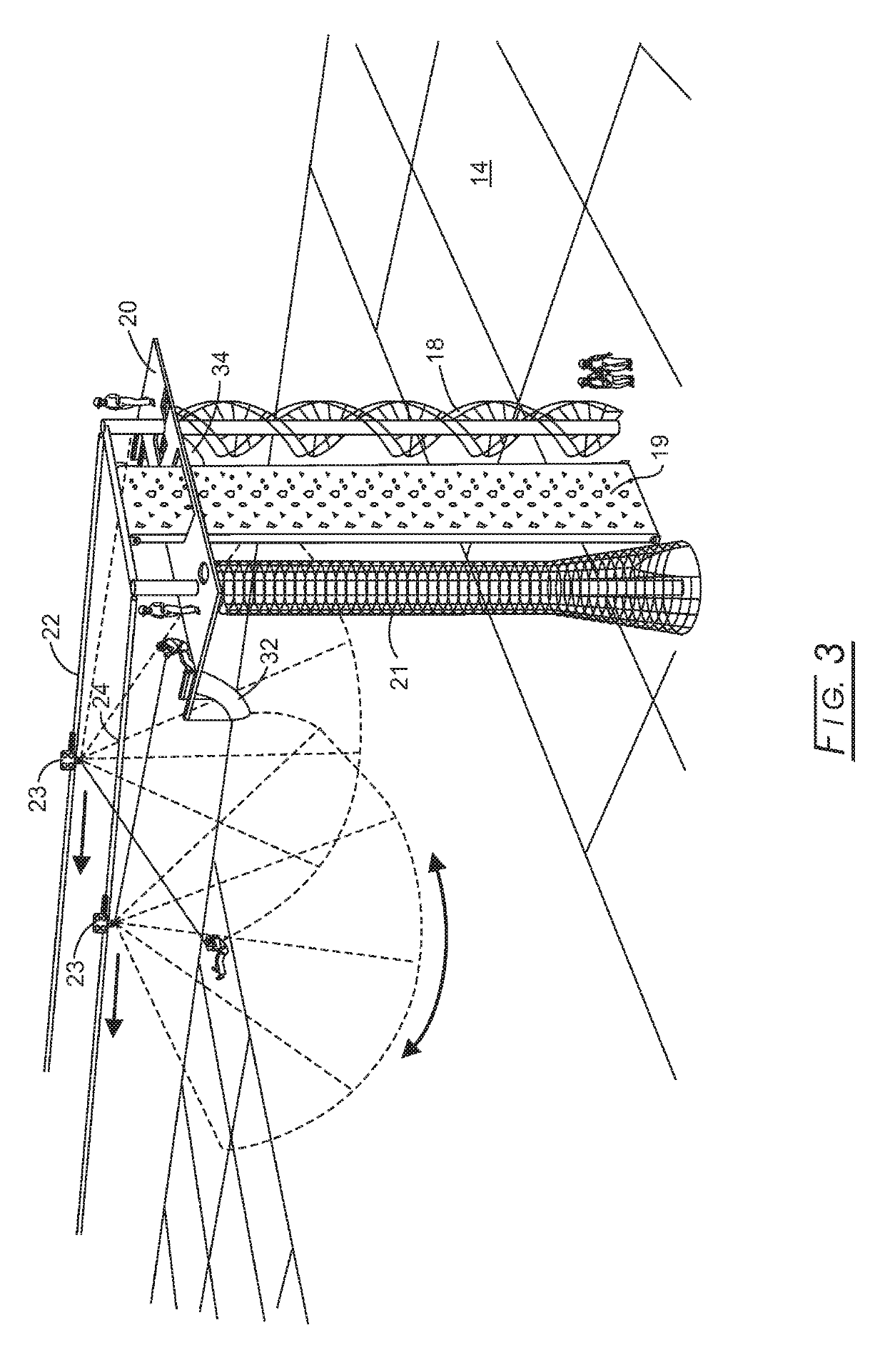 High angle tethered slide with freefall drop and variable radius swing