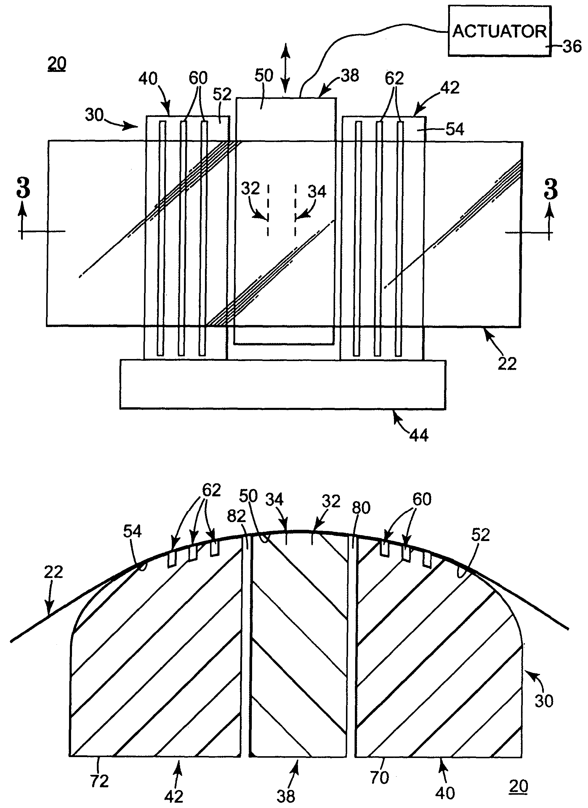 Magnetic tape head assembly with laterally moveable central section