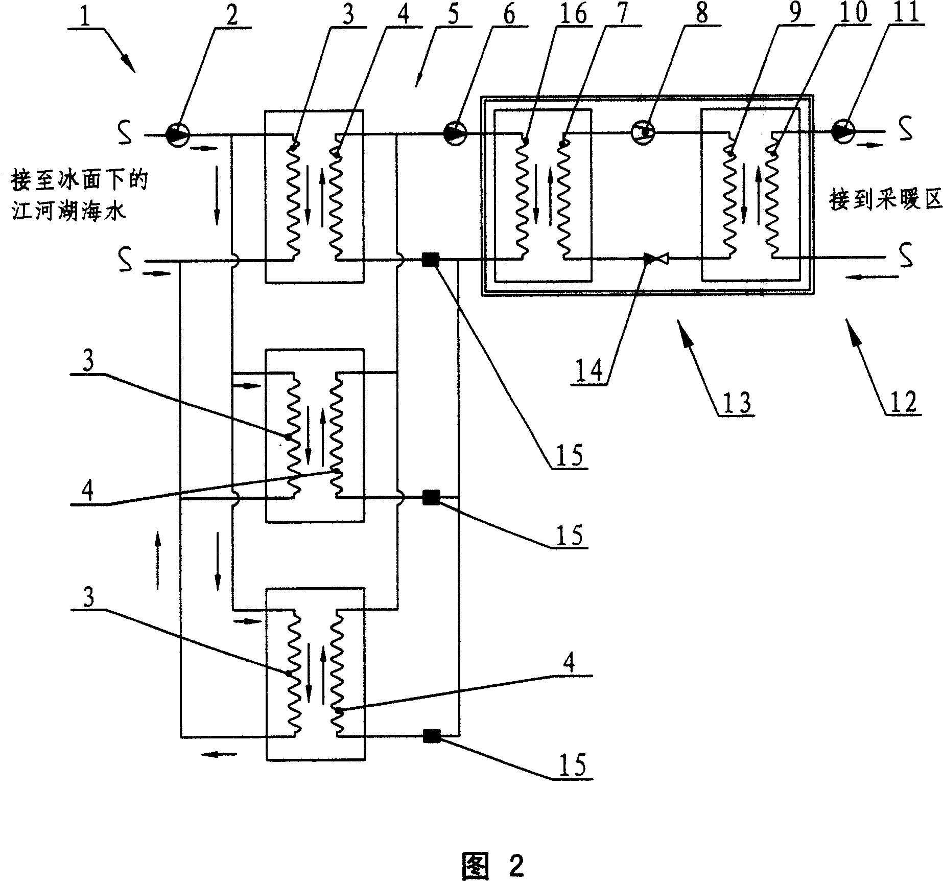 Extracting system of thermal energy of water of rivers, lakes and seas below the ice surface