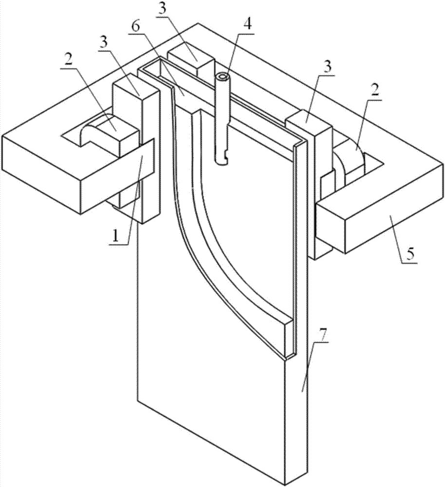 A vertical electromagnetic braking device for controlling the flow of molten steel in a continuous casting mold